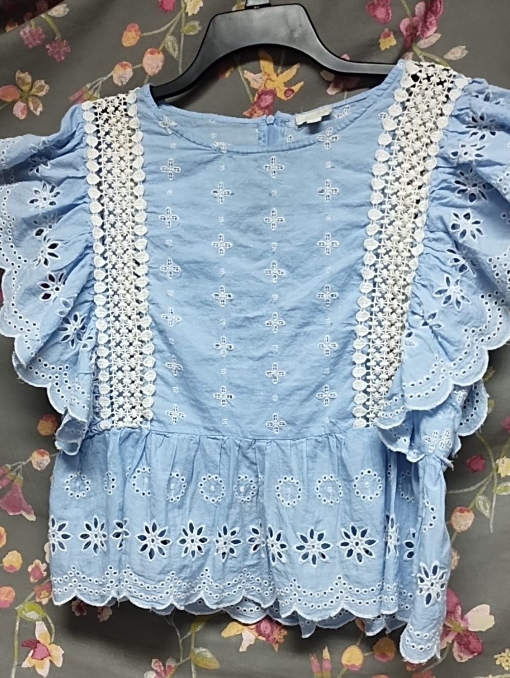 Light Blue Eyelet Lace-Trim Blouse for Women
